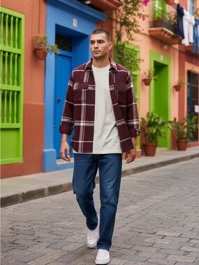 H&M Mens Regular Fit Overshirt Shacket in Dark Red Burgundy Plaid Medium